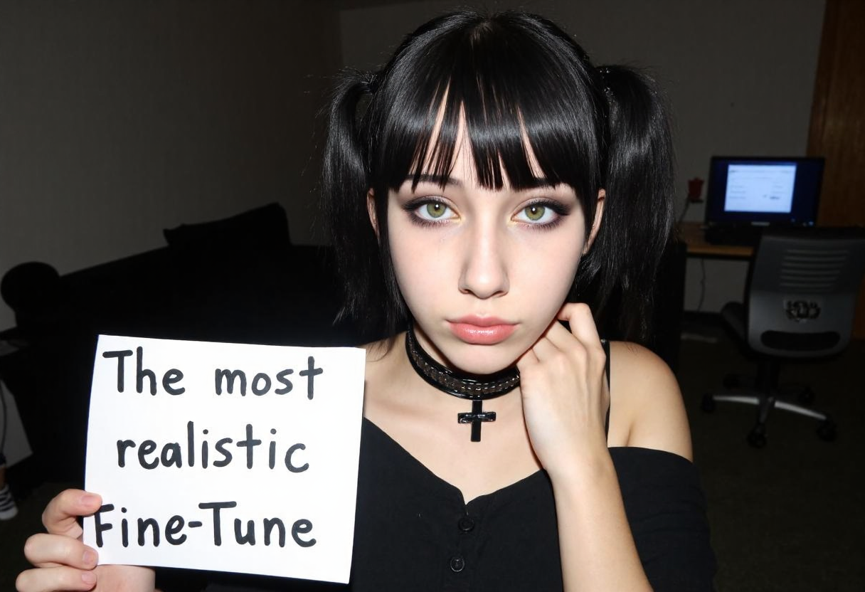 amateur photo, low-lit, overexposure, shot on a mobile phone, nighttime, noticeable noise in dark areas.portrait of young woman, early 20s, amateur quality, outside, overexposed, front view, looking at the viewer, She has light skin and dark hair styled in two pigtails, with bangs covering her forehead, She also has a black choker and a black cross necklace, adding to the gothic aesthetic. Her expression is neutral, her right hand near the neck. The background shows a room with furnitures and desk with computer and monitor. her Left hand holding a sign with handwritten text "The most realistic Fine-Tune". Indoors, low lighting, muted color tones
