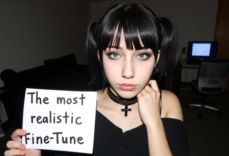 amateur photo, low-lit, overexposure, shot on a mobile phone, nighttime, noticeable noise in dark areas.portrait of young woman, early 20s, amateur quality, outside, overexposed, front view, looking at the viewer, She has light skin and dark hair styled in two pigtails, with bangs covering her forehead, She also has a black choker and a black cross necklace, adding to the gothic aesthetic. Her expression is neutral, her right hand near the neck. The background shows a room with furnitures and desk with computer and monitor. her Left hand holding a sign with handwritten text "The most realistic Fine-Tune". Indoors, low lighting, muted color tones

