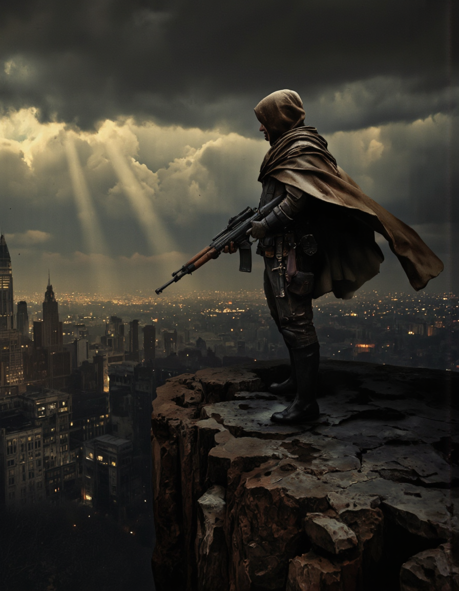 Art by Brooke Shaden & Piotr JabÃÂoÃÂski. A dramatic digital illustration shoot from the side about a lone figure in a hooded cloak stands on a rocky ledge, holding a rifle, facing a distant cityscape with a stormy sky and dramatic clouds. the image also shows dramatic lighting effects. on the middle of the image, a man, who appears to be in his mid-twenties, stands with his full body visible, wearing a dark cloak and holding a large rifle. he is facing away from the viewer, with a determined expression on his face. the man is standing on the edge of a cliff, with his back to the viewer. in the background, a cityscape is visible, with tall buildings and a cloudy sky, illuminated by dramatic light beams. the overall mood is dark and moody, with dramatic clouds and a sense of foreboding.
