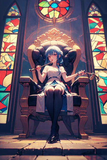 (Hookah:1.2),holding smoking pipe, smoke,flask,girl,a long flexible rubber tube with a  smoking pipe,waterpipe smoking,shisha,lethargy,staring into the distance,stained glass,zettai ryouiki, night,
