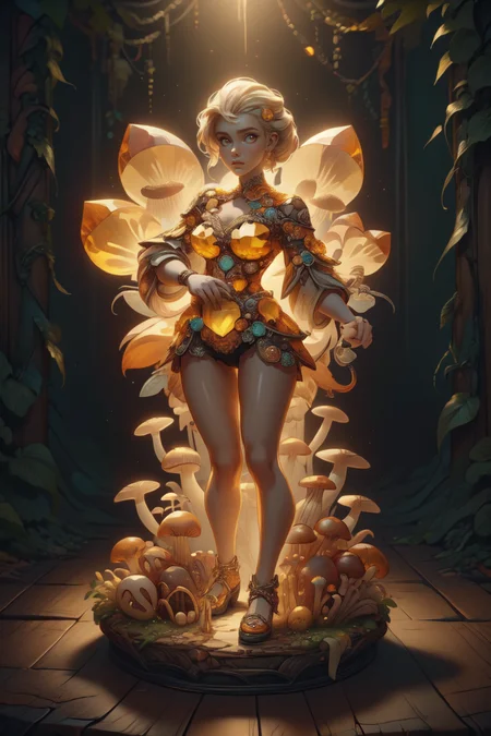 breathtaking 1girl, full shot, full body, <lora:ral-mushroomz:1> mushroomz <lora:citrine-style-darquelilly-v1:1> citrinegemstyle, masterpiece, award-winning, professional, highly detailed, low key lighting, chiaroscuro lighting