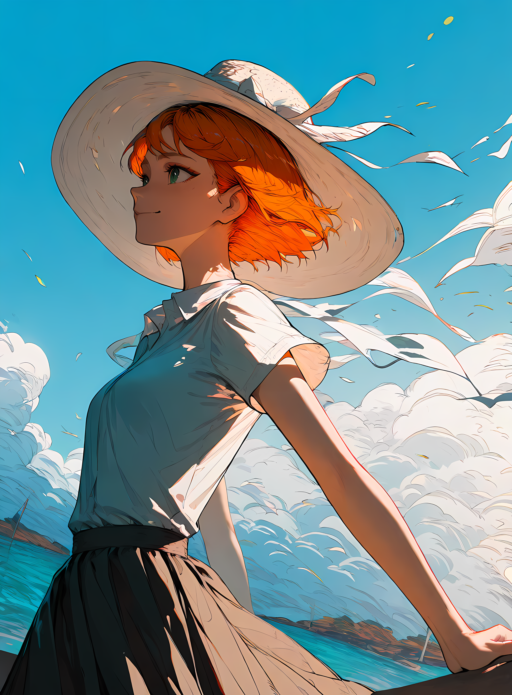 1girl, small breasts, ginger, skirt, smile, looking away, sun hat, outdoors, wind, dynamic angle, from side, (masterpiece, best quality, absurdres, highres, newest, very awa), <lora:ponyv5_noobE11_1_adamW:0.9>,