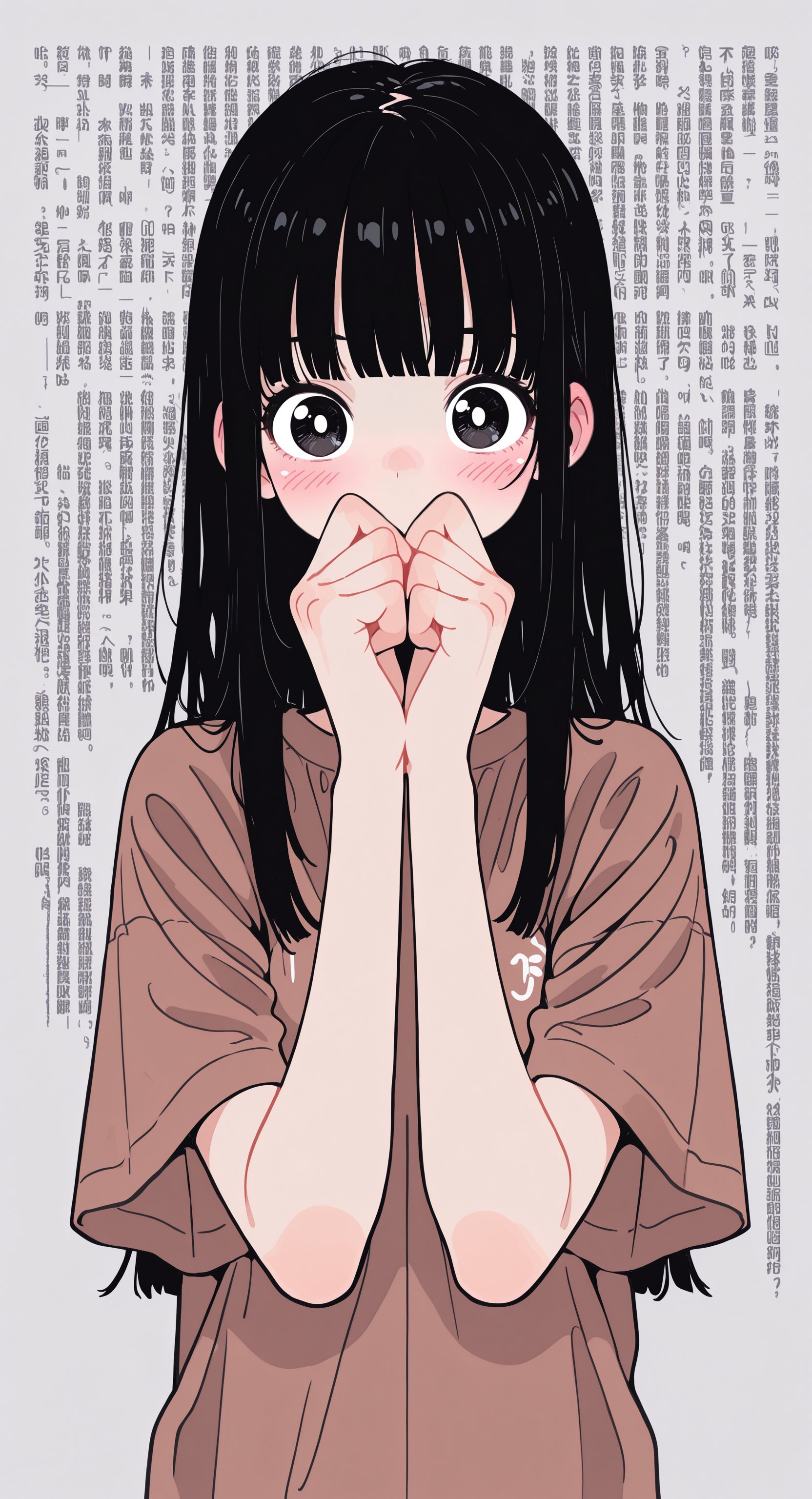 masterpiece,best quality,amazing quality, 1girl, solo, long hair, looking at viewer, blush, shirt, black hair, upper body, short sleeves, blunt bangs, grey background, black eyes, chinese text, covering own mouth, brown shirt, hands over own mouth, wall of text, Flatline, Flat vector illustration,
rapscallionstyle <lora:ponyv6_noobE11_2_adamW-000017:0.3> <lora:mon_monmon2133:0.6> <lora:114558v4df2fsdf5:1> <lora:checkpoint-e18_s306:1.3> <lora:Rapscallion_Illustrious:0.7>