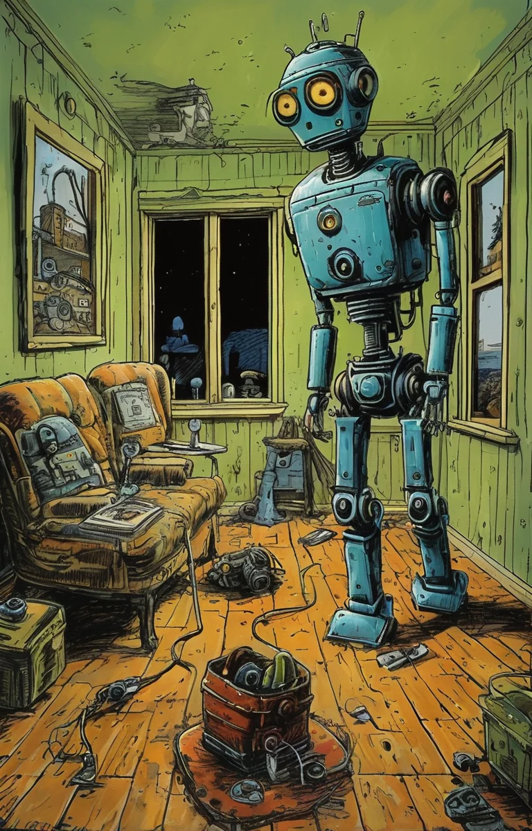 masterpiece,best quality,<lora:tbh279-sdxl:0.9>,illustration,style of Rob Rogers portrait of Housework robots