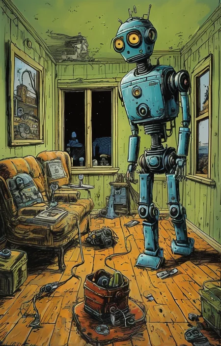 masterpiece,best quality,<lora:tbh279-sdxl:0.9>,illustration,style of Rob Rogers portrait of Housework robots