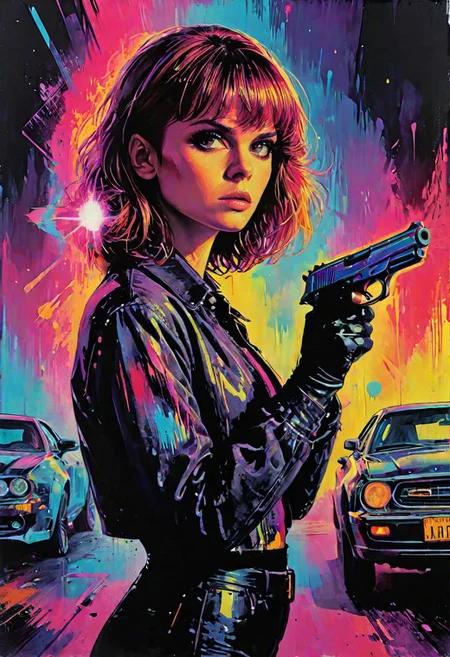 Yoann Lossel, Movie Poster page, impactful color paint of a bangs haired woman holding a pistol in a cool style, cars in the background, highly detailed, vibrant colors, 8k, sharp, professional, clear, high contrast, high saturated, vivid deep blacks, crystal clear, movie poster, sharp edges