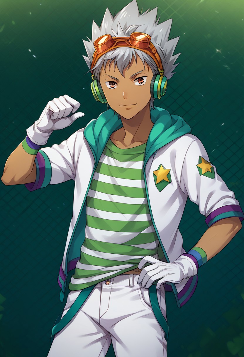score_9, score_8_up, score_7_up, source_anime, highly detailed, 
kazuki, 1boy, male focus, solo, grey hair, spiked hair, brown eyes, dark skin, dark-skinned male, goggles, goggles on head, headphones, shirt, striped shirt, jacket, white jacket, hooded jacket, hood, open jacket, open clothes, gloves, white gloves, shorts, white shorts, smile,
outdoor,