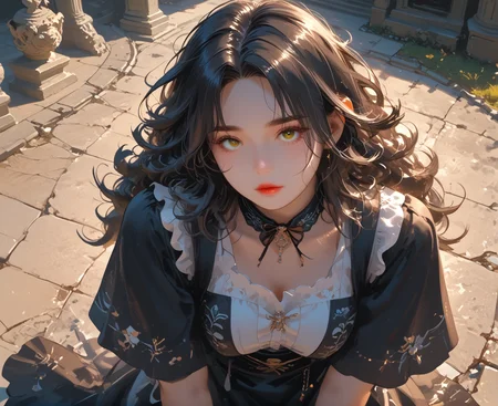 PonyScores7, source_anime, ah1, IllustriousQual, <lora:natsumi_style:0.5>, <lora:by_usakun-pony:0.4> by usakun, <lora:Akina_Bbw_Style_-_PonyXL:0.2> AkinBw
BREAK (zoom_out:1.8), (High Angle (from behind) view medium Close shot, focus on knees)
BREAK 1girl, mature female, (round face:1.2), (thick eyebrows:1.3), (curvy), round-chin, caucasian, (plump face), <lora:Round_face:0.2>, <lora:ETO_OCPonyXL:0.3> eto_oc, skindentation, (plump), thick thighs, wide hips, busty, voluptuous, lips, <lora:venus body PonyXL:0.3>, <lora:shinyskin2:0.2> glistening skin
BREAK  (((curly hair), long hair, (black hair:1.4), (parted hair:1.7), messy hair, kinky curls, <lora:hairdetailpxl:0.2> hairdetailpxl))
BREAK ((half green and brown eyes), (colorful eyes), (multicolored eyes), (downturned eyes:1.4), <lora:expressive eyes:0.2> expressive eyes, <lora:eyedetailpxl:0.2> eyedetailpxl, <lora:Eyes_High_Definition:0.2> EyesHD)
BREAK ((Eyes wide with disbelief and a slack-jawed expression of utter shock,  <lora:Expressive_H:0.2> Expressiveh, <lora:Emotional_Anime_Expressions_PonyXL_Concept:0.2> emotional, <lora:Best_Facial_Expression_LoRA_PONY:0.2>, looking at viewer, <lora:Detailed expressive EXEV style -XL Pony V1.0:0.2> FaceDetail))
BREAK ((getting caught in a lie))
BREAK heliotrope magenta enchanting maid, maid small cap, maid uniform with puffed sleeves|embroidered shirt with ruffles, classic maid skirt, patterned thigh-high stockings, oxfords with simple design, carrying a feather duster, lace gloves, soft pink lipstick
BREAK (((In a sacred space adorned with symbols of honor and sacrifice, they gather around a massive stone statue, The Unnamed stands before it, his hand resting on the statue's shoulder, as they pay homage to the ideals that guide their lives)))
BREAK <lora:xl_more_art-full_v1:0.2>, <lora:aesthetic_anime_v1s:0.2>, <lora:EpicF4nta5yXL:0.2>, <lora:detailxl:0.2> detailxl, <lora:Fant5yP0ny:0.2>, best quality, amazing quality, best aesthetic, absurdres, illustration, Volumetric_Lighting, ultra-detailed, very aesthetic, intricate details, 8k, masterpiece, best_quality
BREAK Stable_Yogis_PDXL_Positives, AS-Adult, <lora:Complicated fantasy portrait - XL Pony V2.0:0.2>, bad-hands-5, <lora:HDA_Detailer:0.3>, HDA_FatGirlXL