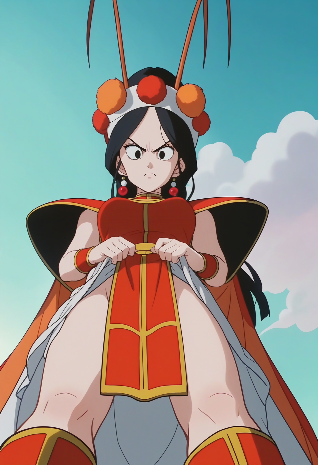 score_9, score_8_up, score_7_up, score_6_up, anime screencap, anime coloring, <lora:DBExtraGirlAnnin:0.8>, DBExtraGirlAnnin, long hair, black hair, black eyes, breasts,
jewelry, earrings, headband, antennae, shoulder armor, skirt, pelvic curtain, sleeveless, bracelet, cape, boots,
looking at viewer, disgust, skirt lift, pelvic curtain lift, from below, light censor,