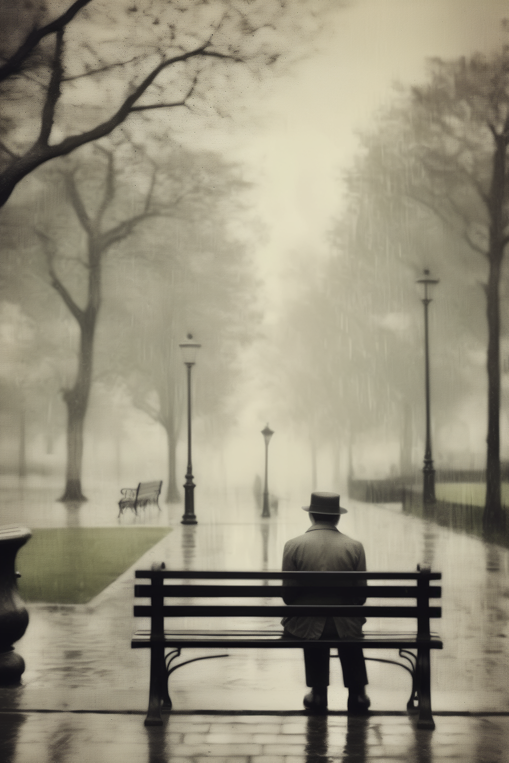 <lora:Ando Fuchs Style:1>Ando Fuchs Style - Bitter and resentful, sitting alone on a park bench, in the style of Lars von Trier, during a rainy afternoon, in the style of a desaturated photograph with muted colors