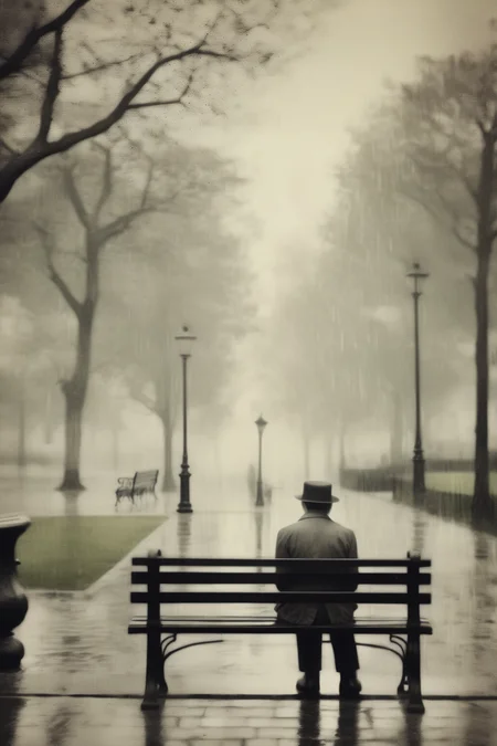 <lora:Ando Fuchs Style:1>Ando Fuchs Style - Bitter and resentful, sitting alone on a park bench, in the style of Lars von Trier, during a rainy afternoon, in the style of a desaturated photograph with muted colors