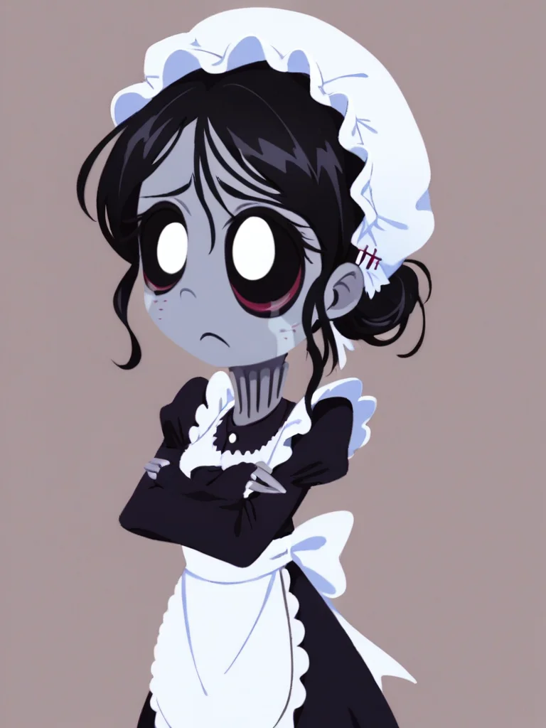 score_9, score_8_up, score_7_up,  
1girl, misery gloom,  black hair, black sclera, white eyes, grey skin,  hair bun,

maid, bonnet, hat, maid apron, black dress, long dress, long sleeves, v arms,

