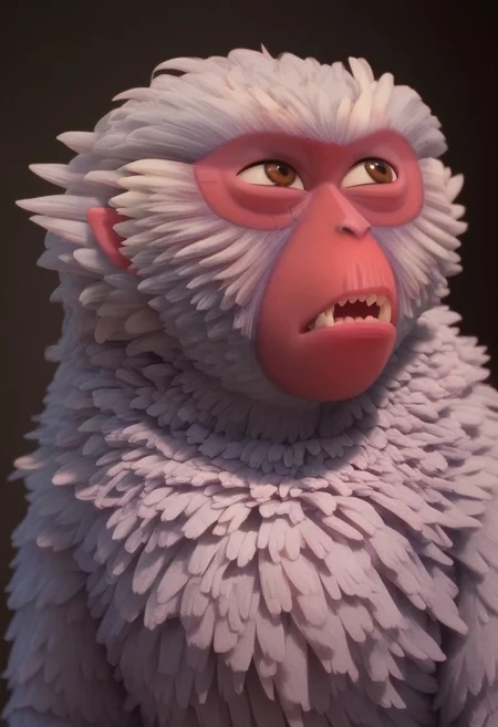 1girl, furry, female japanese macaque, ape, primate girl, anthro, white fur, dark pink skin, pink ears, brown eyes, grey hands, grey feet, Expressiveh, realistic, 3d, score_8_up, score_7_up, BREAK, 1girl, solo, closeup, looking away, angry, fangs, teeth out