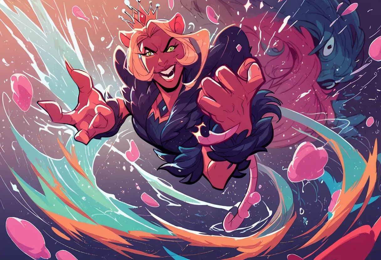 score_9, score_8_up, score_7_up, score_6_up, queen rat creature, with elegant dress, agressive attacking pose like splash art of lol, dynamic perspetive composition, queen rat creature like splash art, poster saying protect your queen