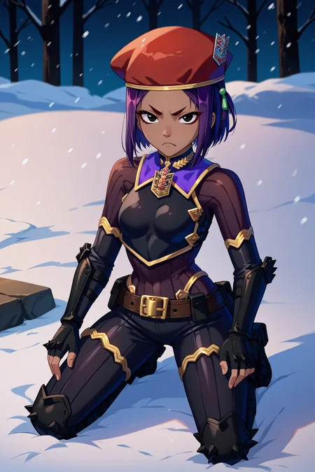 score_9, score_8_up, score_7_up, score_6_up, source_anime, 1girl, solo,  <lora:vc4chiara-pdxl-nvwls-v1-000006:1> vc4chiara, purple hair, short hair, dark-skinned female, black eyes, red beret, black bodysuit, armor, black gloves, fingerless gloves, belt, black pants, kneeling, looking at you, snow, winter, frown