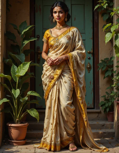 Beautifully detailed and serene realistic full-length portrait.
An young beautiful Indian women wearing Beige experimental embroidered muslin saree with full-length sleeves low round neck velvet blouse,wearing matching sandals. detailed face, no makeup, detailed eyes, Full body visible.
<lora:fluxenhancer:0.8> fluxenhancer <lora:dreadmirth-style-art:0.8> dreadmirthart <lora:FSF-Real-Babes:0.8> <lora:Vibrantly_Sharp_style_v.5:0.8>
