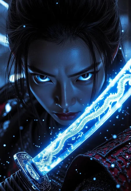 Digital art, photorealistic, cinematic shot of a beautiful Japanese female samurai wielding a sword with a glowing silver dragon katana blade, the blade is made of a glowing dragon, the silver glow of the katana is the only light source. Focus on the katana, Dragon Samurai, night, realistic skin, perfect expressive eyes, perfect pupils, Stunning visuals, Texture, beautiful face features, dynamic