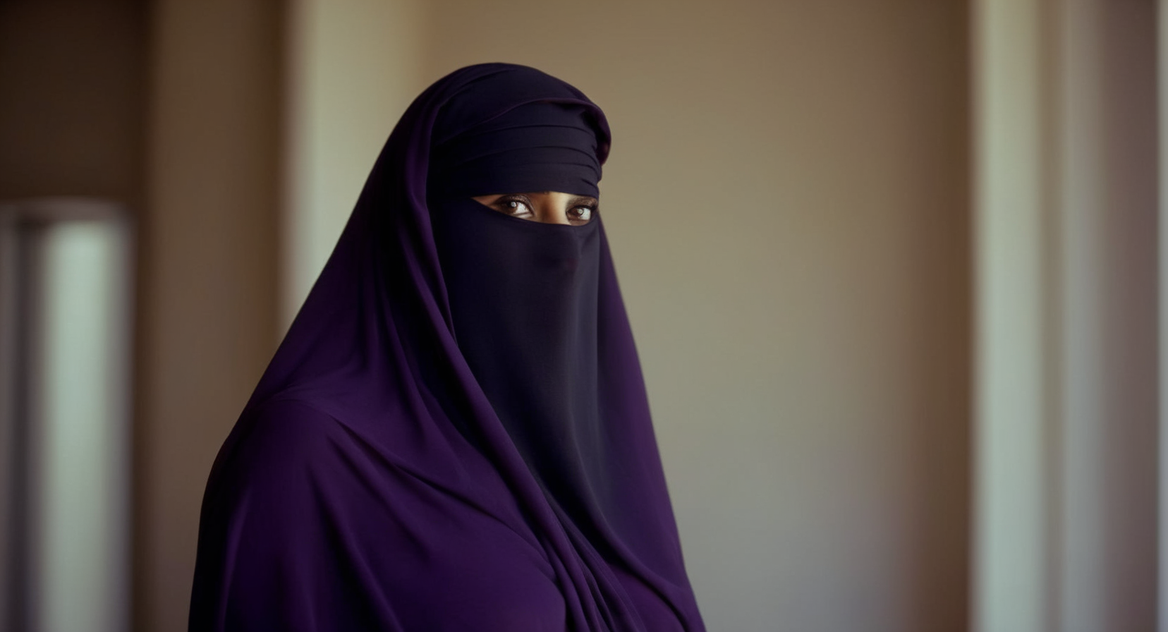 cinematic film still of  <lora:burqa:1>
a naked woman in a black burqa and purple panties burqa style, shallow depth of field, vignette, highly detailed, high budget, bokeh, cinemascope, moody, epic, gorgeous, film grain, grainy