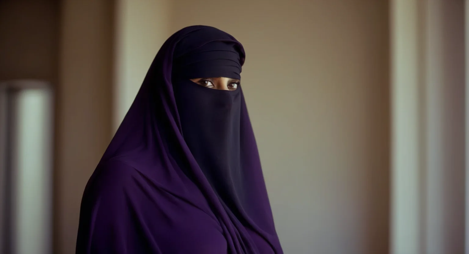 cinematic film still of  <lora:burqa:1>
a naked woman in a black burqa and purple panties burqa style, shallow depth of field, vignette, highly detailed, high budget, bokeh, cinemascope, moody, epic, gorgeous, film grain, grainy