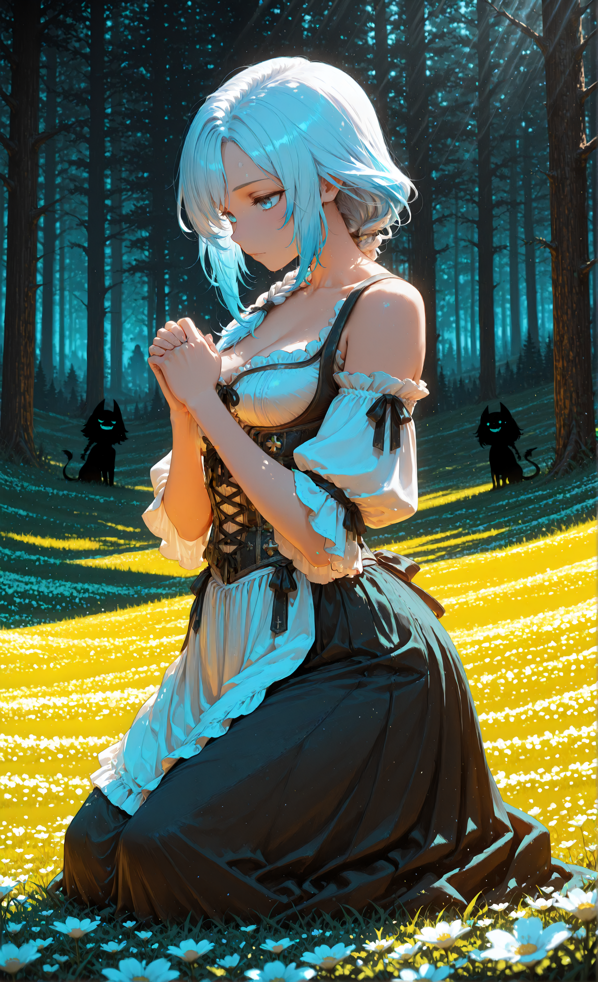 masterpiece, sharp detail, intricate detail, 1girl, <lora:Lyarah:0.6> white hair, blue eyes, lyarah, blue hair tips, medium breasts, ribbon, bare shoulders, collarbone, long braid,  short sleeves, frills, detached sleeves, hair over shoulder, corset, white sleeves, cross-laced clothes, german clothes, bodice, dirndl, dark forest, flower field, kneeling, green grass, from side, praying,  chromatic aberration, blurry background, day, silhouette demon, light rays, partially illuminated, chiaroscuro, volumetric lighting, dappled light, dramatic shadows, cinematic lighting, detailed background, light and shadow contrast,  <lora:aboba_prime_3:0.8>