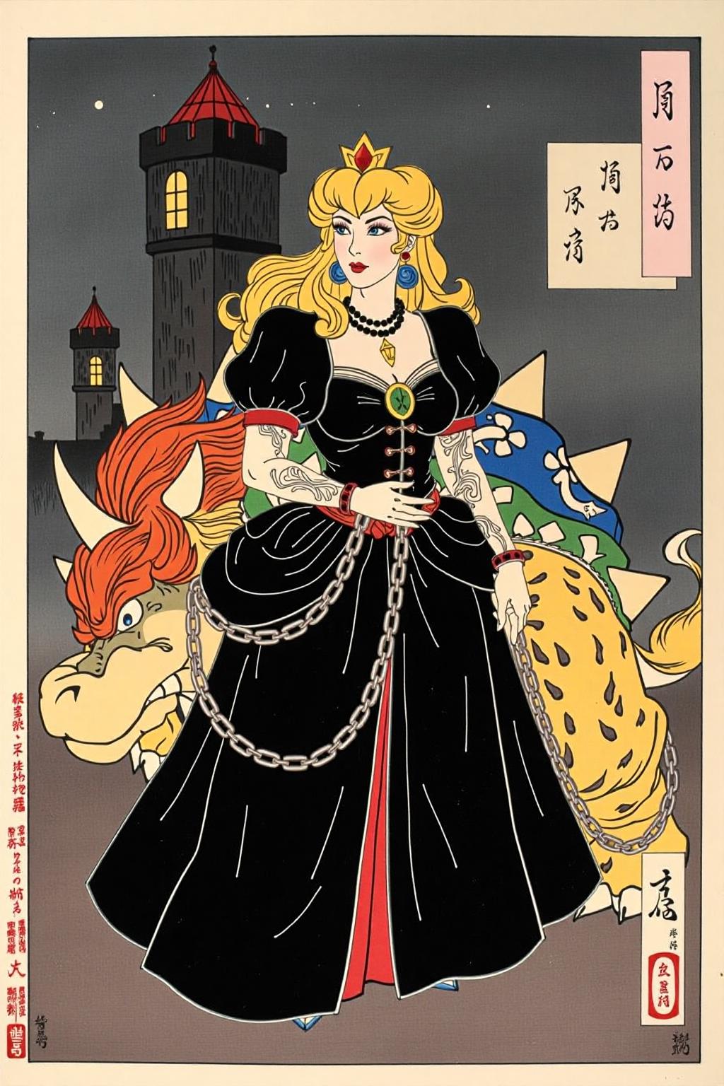 tsukioka1 Japanese woodblock print ukiyo-e. 
A gothic Princess Peach, adorned in a striking black alternative costume, confidently dominates a defeated Bowser with a gleaming chain. Intricate tattoos and piercings enhance her fierce aura, set against a dark, moody castle backdrop. <lora:schnell_v1.0:1.0> <lora:tsukioka_ukyo-e4_nocap_d8a4:1.0><lora:798026759493731782:0>