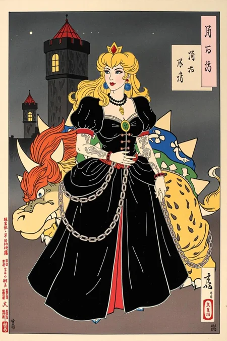 tsukioka1 Japanese woodblock print ukiyo-e.
A gothic Princess Peach, adorned in a striking black alternative costume, confidently dominates a defeated Bowser with a gleaming chain. Intricate tattoos and piercings enhance her fierce aura, set against a dark, moody castle backdrop. <lora:schnell_v1.0:1.0> <lora:tsukioka_ukyo-e4_nocap_d8a4:1.0><lora:798026759493731782:0>