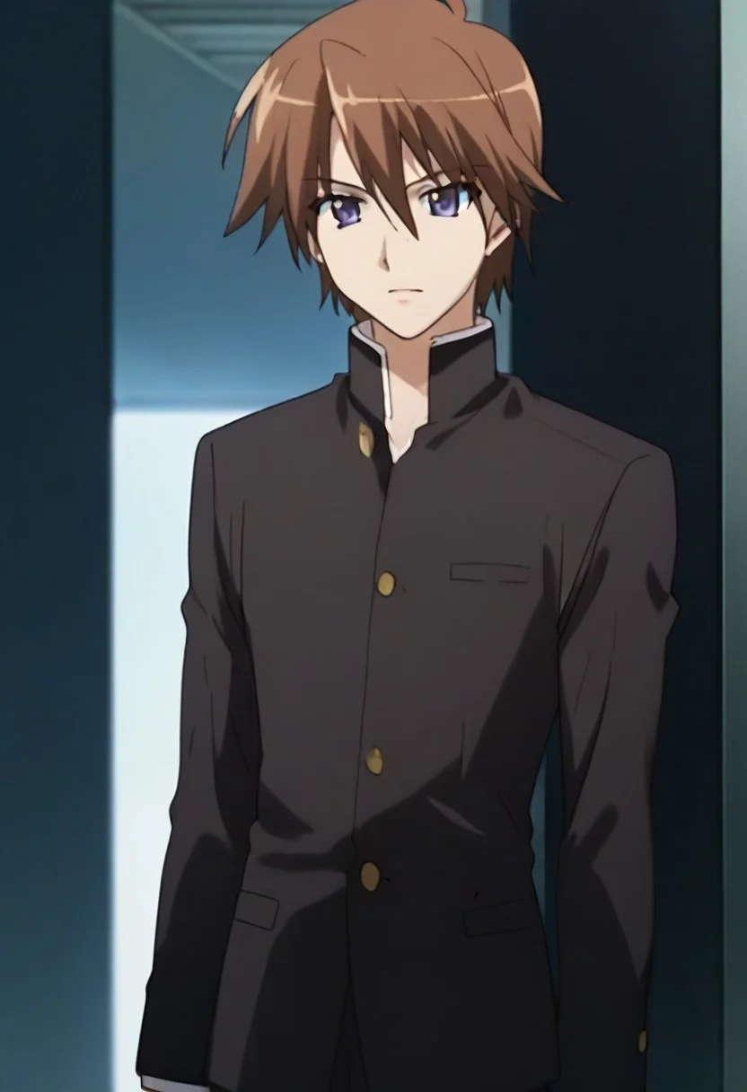 ((masterpiece)), ((best quality)), ((ultra-detailed)), ((absurdres)), score_9_up, score_8_up, score_7_up,
HD, top quality, best quality, amazing quality, High-quality illustrations, anime screencap, source_anime, best aesthetic, perfect proportions, perfect eyes, 1boy, 1male, solo boy, solo male, male focus, solo male focus, Anime, boy, male anime character, anime boy, handsome, cute, charming, Keisaku Satou, brown hair, purple-blue eyes, gakuran, gakuran uniform ((tall body, tall height)), ((lean body, slim body)), ((school hallway)), easynegative, updn, Expressiveh, masterpiece, best quality, very aesthetic, absurdres