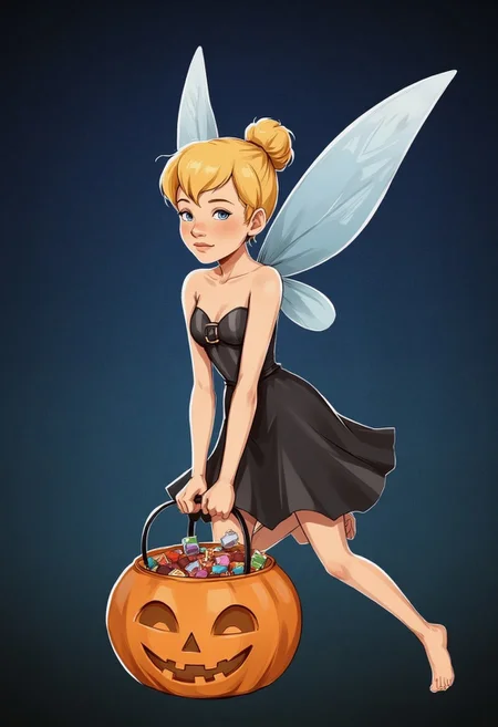 yyg_portrait, The image is a digital drawing in a stylized, semi-realistic art style, depicting a fairy, TinkerWaifu , fairy wings, blue eyes, black dress with a skull design on the dress, sexy, single hair bun, Fall Autumn Colorings, small Tinker Bell flying in mid air trying to hold a pumpkin shaped Halloween bucket that is overflowing with candy, the bucket is much too heavy for her, "TRICK OR TREAT!" words at top, night time