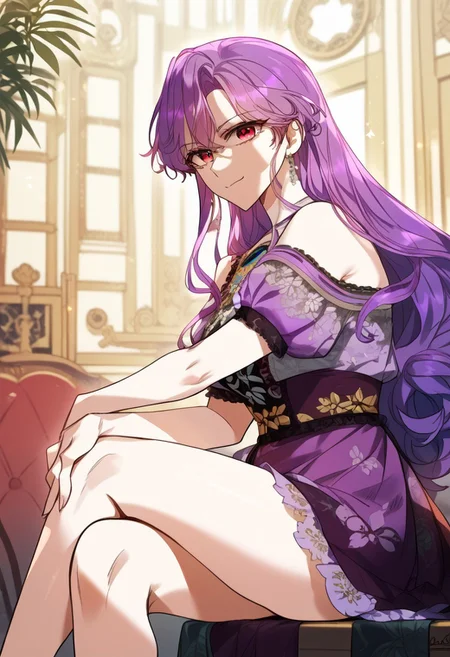 zPDXL3, score_9_up, score_8_up, score_7_up, (Anime_source), 1girl, DeborahSeymour, red eyes, purple hair, long hair, Trading dress, looking at viewer, smile, closed mouth, sitting, crossed leg, from side, cowboy shot