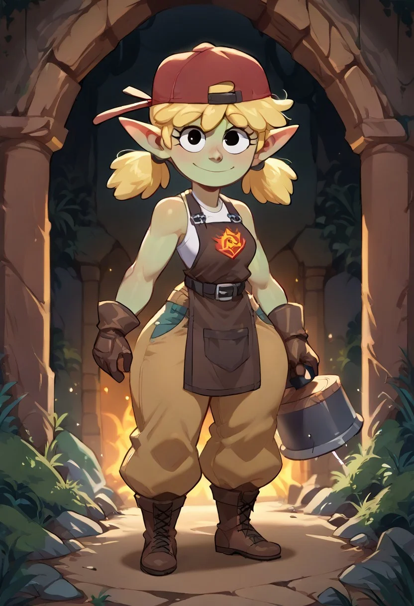 (score_9, score_8_up, score_7_up, score_6_up)
(masterpiece, best quality, very high quality, ultra detailed: 1.2)
(2D,show accurate)(Huffslove_Style:0.7)
(source_anime,not furry,source_furry)
(solo,alone)(25 yo,mature female)
(Perfect Hands,Perfect Eyes:1)
(indoors,cavern,blacksmith's forge,wood stove lit by fire,artifitial light)
(looking at viewer,smile)((holding a war hammer))
(4 fingers,short stack,goblin,green skin,long pointy ears)
(Knight Armor:1)
(fantasy mechanic)
(undershirt,blacksmith apron,bare arms and shoulders,brown gloves,leather belt,baggy pants,worker boots)
(Lana loud:1)(short hair, blonde hair,twintails, bangs, black eyes, cartoon eyes)
(red headwear, backwards hat)
(muscular arms,small breasts,small waist,wide hips,thick thighs,huge butt,thick calves,short legs)