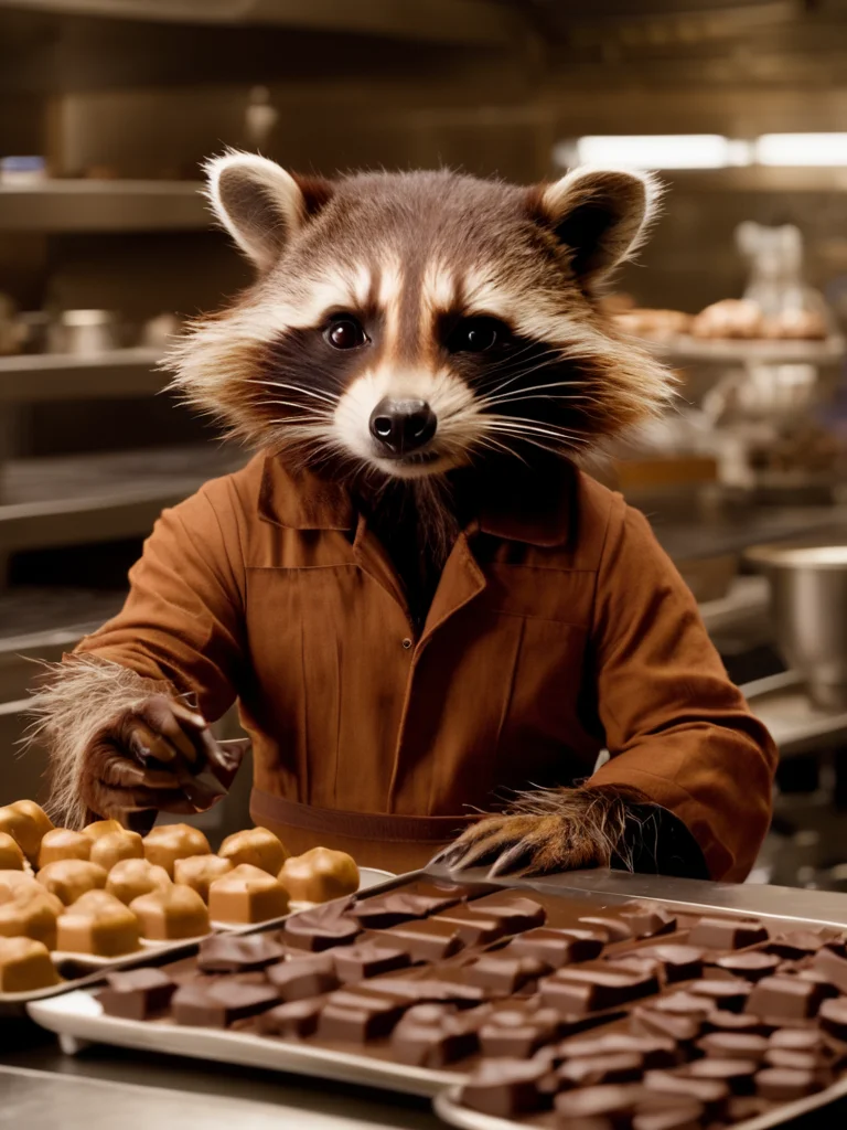film still of Rocket Racoon working as a chocolatier in the new Avengers movie, 4k