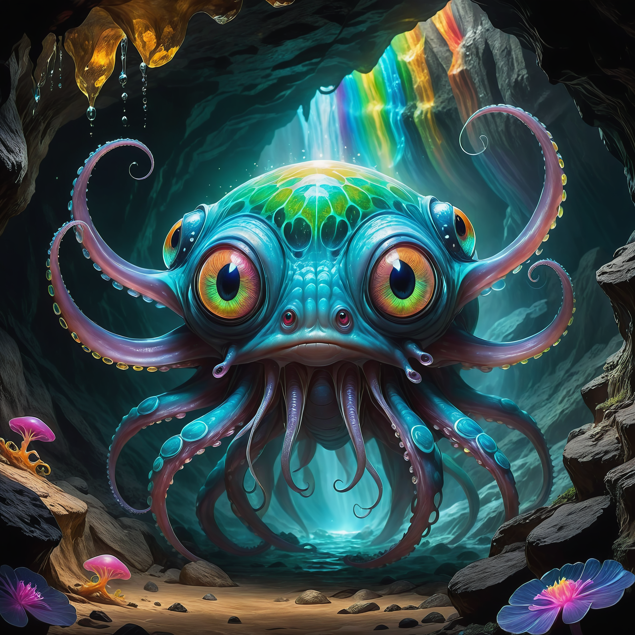 <lora:add-detail-xl:2.0>, jeff miracola, detailed expressive eyes, fantasy style, deep within the underground caves of the moon new flimflam, the bioluminescent hairless chonkfly may be found which resembles a hybrid of a cephalopod and the majestic rattling honkerstrider, similar to the slippery slobberlord it uses its rainbow-colored flexible tentacles to traverse the quadderbonused cave walls with lingernering grace, leaving behind trails of softly glowing patterns, colorful, whimsical, masterpiece, best quality, professional artwork