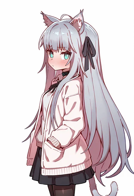 NoGamenoLifeStyle, <lora:No_Game_no_Life IL:0.8>,
Wagashi_(Dagashiya), <lora:Wagashi_IL:0.8>,
detailed, <lora:Detailer_NoobAI_Incrs_v1:0.6>,
<lora:FantasyWizardWitchesIL:0.6>, hkmagic,
1girl, animal ears, cat ears, infection monitor (arknights), cat tail, skirt, solo, tail, grey hair, white background, long hair, cat girl, black skirt, shirt, pantyhose, simple background, white shirt, ribbon, hair ribbon, black pantyhose, pleated skirt, looking at viewer, long sleeves, blush, black ribbon, arms behind back, collar, hands in pockets, closed mouth, blue eyes, white sweater, from side, ahoge, standing, very long hair,