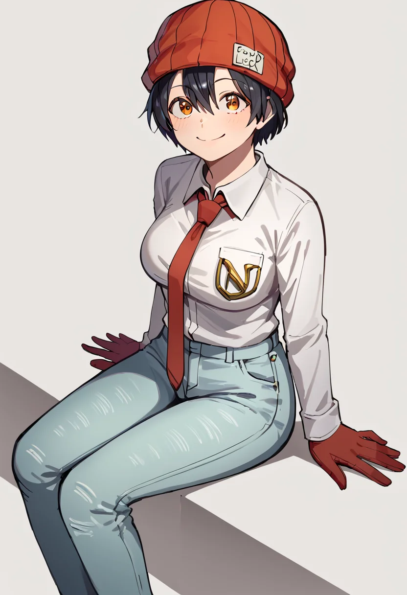 score_9, score_8_up, <lora:fukko:1> fukko, 1girl, black hair, fukko, gloves, hat, necktie, pants, shirt, simple background, sitting, smile