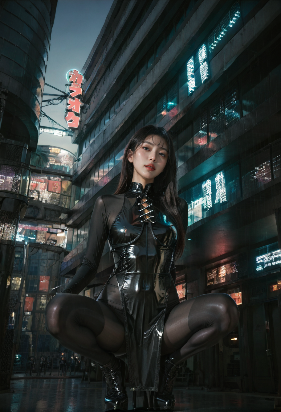 ,ruanyi0887,skyscraper,outdoors,night,neon lights,,ruanyi0849,black bodysuit,black dress,latex bodysuit,side slit,see-through,pelvic curtain,cross-laced clothes,pantyhose,1girl,solo,squatting,spread legs,<lora:0887 Commercial street at night_v1_pony:1>,<lora:0849 black cheongsam v2_pony:0.7>, score_9,score_8_up,score_7_up,,8k,1girl,solo,,