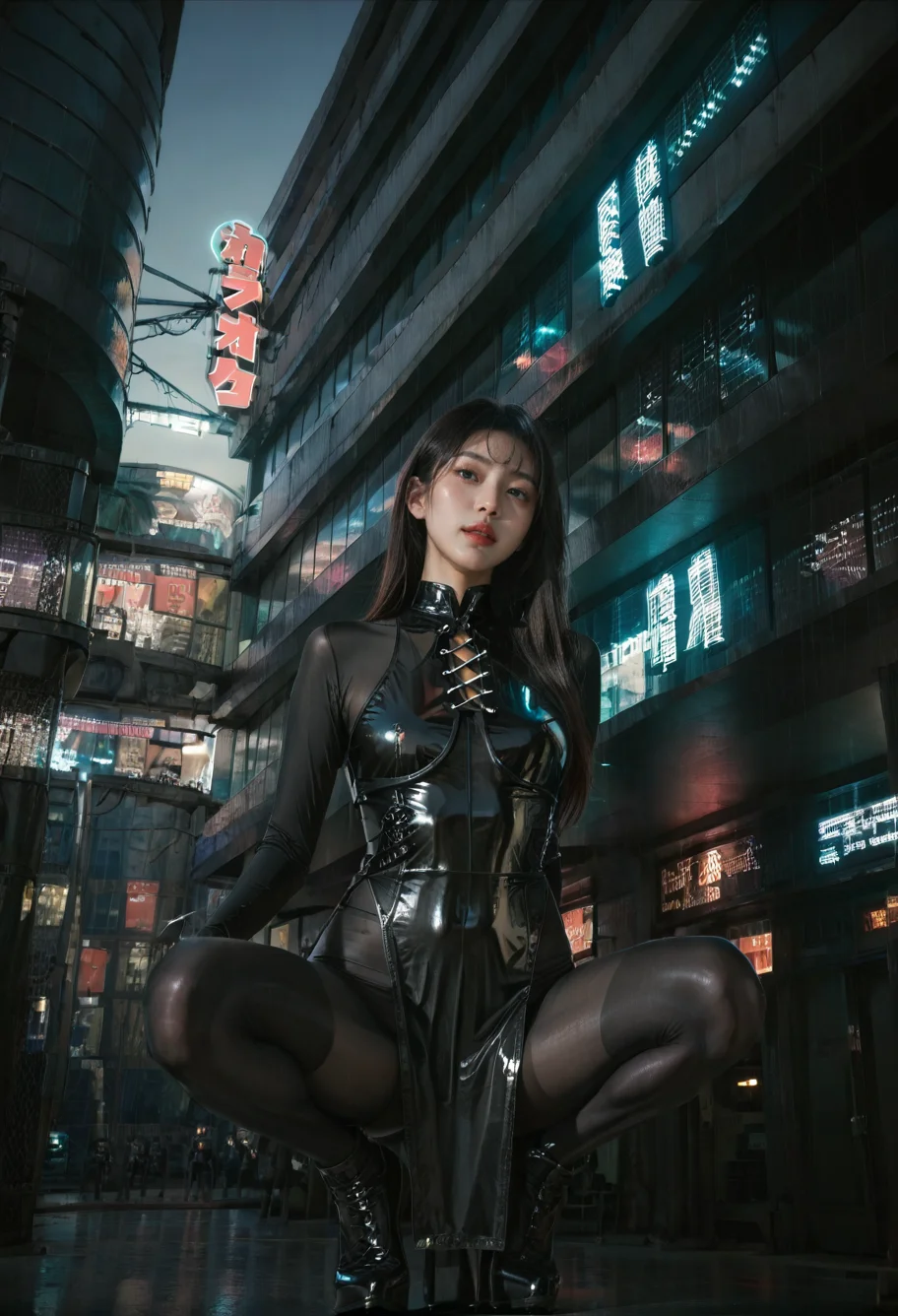 ,ruanyi0887,skyscraper,outdoors,night,neon lights,,ruanyi0849,black bodysuit,black dress,latex bodysuit,side slit,see-through,pelvic curtain,cross-laced clothes,pantyhose,1girl,solo,squatting,spread legs,<lora:0887 Commercial street at night_v1_pony:1>,<lora:0849 black cheongsam v2_pony:0.7>, score_9,score_8_up,score_7_up,,8k,1girl,solo,,