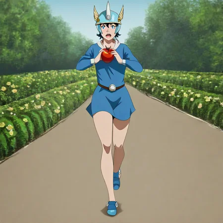 amazing photo, h_mercury, running,talaria,headgear,petasos,blue outfit,hold an apple, background garden of eden<lora:Mercury:0.7> <lora:Mezzotint_Artstyle_for_Flux_-_by_Ethanar:0.5> <lora:CPA:0.6>anime style <lora:RetroAnimeFluxV1:0.6>