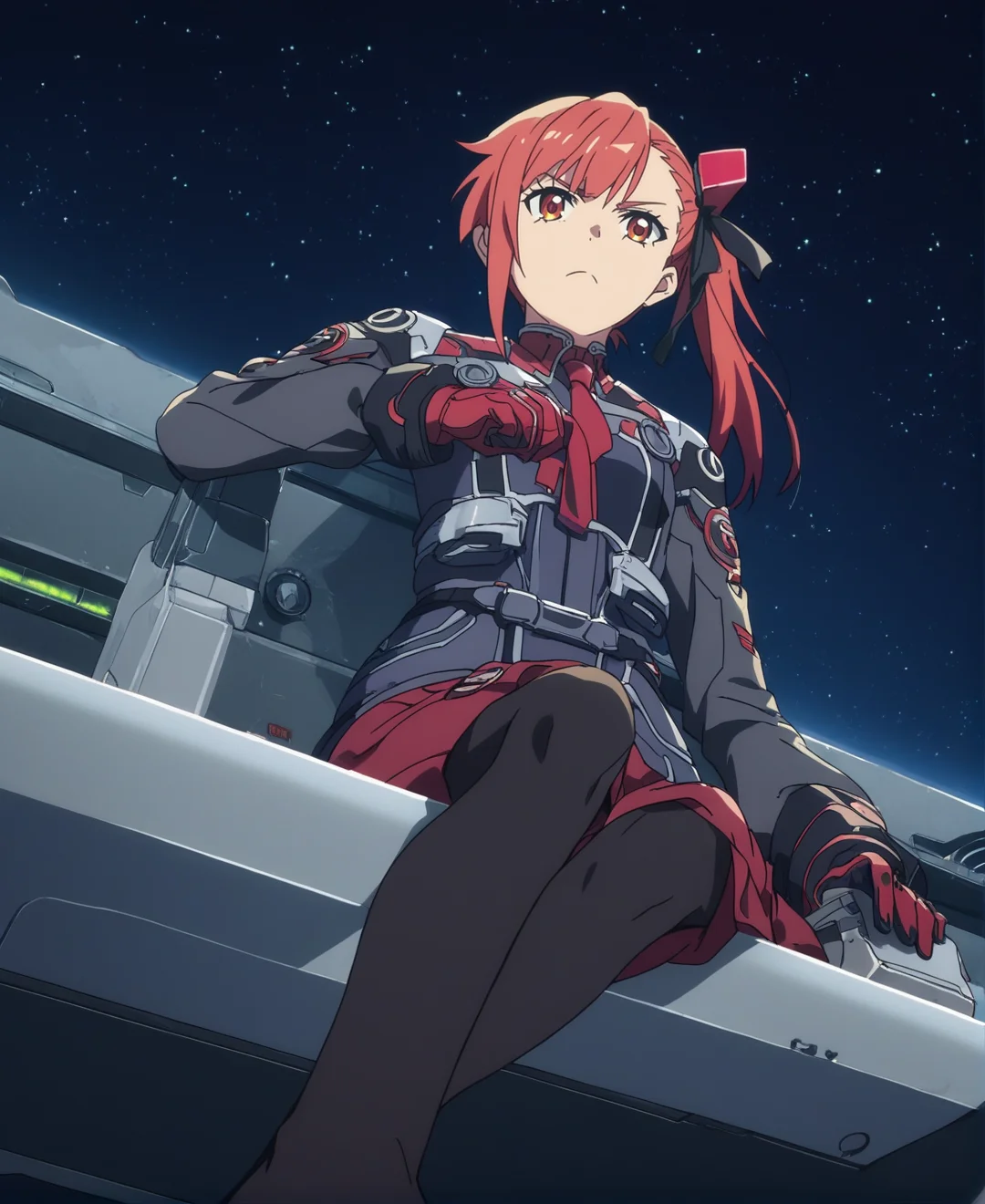 score_9,score_8_up,score_7_up,score_6_up,source anime BREAK, anime screencap,
1girl,solo,cockpit,spaceship,space,science fiction,dark background,piloting,cyberpunk,serious,(spacesuit:0.4),(military uniform:0.5),long sleeves,gloves,dress,sitting,side ponytail,red_hair,amber eyes,hair ribbon,tie,straight-on,from below,particles, no shoes,
<lora:Anime Screencap_epoch_10:1.2>