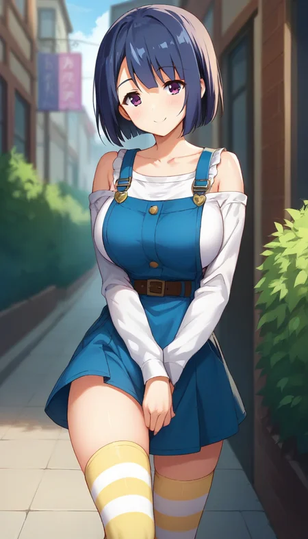 score_9,score_8_up,score_7_up,score_6_up BREAK official art,solo,outdoors,cowboy shot,looking at viewer,facing viewer,smile,blush,Akira Makino,blue hair,short hair,bob cut,bangs,purple eyes,collarbone,bare shoulders,pinafore dress,blue dress,white shirt,long sleeves,large breasts,white thighhighs,striped thighhighs,yellow thighhighs,zettai ryouiki,loafers,<lora:Akira Makino(oc2)-Pony:1.4>,