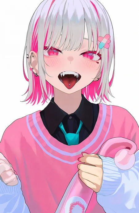 1girl, solo, looking_at_viewer, blush, open_mouth, short_hair, simple_background, shirt, long_sleeves, white_background, holding, upper_body, white_hair, pink_hair, multicolored_hair, necktie, collared_shirt, tongue, tongue_out, nail_polish, two-tone_hair, streaked_hair, sweater, fingernails, sleeves_past_wrists, fangs, piercing, ear_piercing, bandaid, pink_nails, baseball_bat, tongue_piercing, nail, holding_baseball_bat
