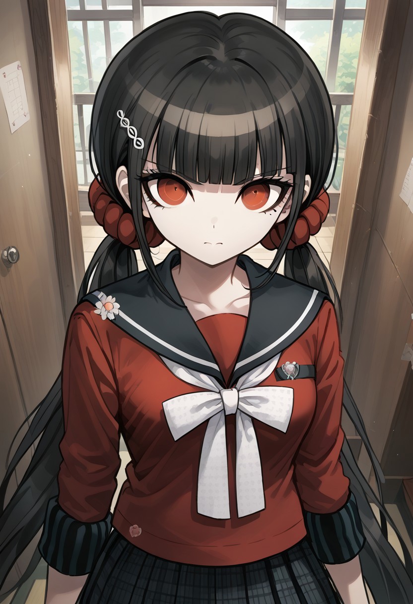rating_safe, score_9, score_8_up, source_anime, cute, long hair, bangs, black hair, hair ornament, red eyes, twintails, very long hair, hairclip, blunt bangs, mole under eye, low twintails, scrunchie, hair scrunchie, medium breasts, school uniform