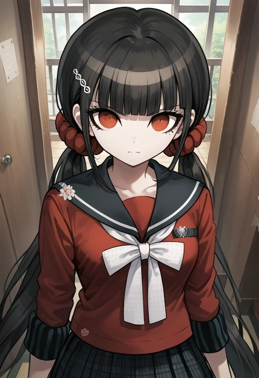 rating_safe, score_9, score_8_up, source_anime, cute, long hair, bangs, black hair, hair ornament, red eyes, twintails, very long hair, hairclip, blunt bangs, mole under eye, low twintails, scrunchie, hair scrunchie, medium breasts, school uniform
