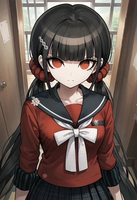 rating_safe, score_9, score_8_up, source_anime, cute, long hair, bangs, black hair, hair ornament, red eyes, twintails, very long hair, hairclip, blunt bangs, mole under eye, low twintails, scrunchie, hair scrunchie, medium breasts, school uniform