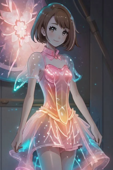 gloria \(pokemon\), small smile, pink bioluminescent dress, 1girl,