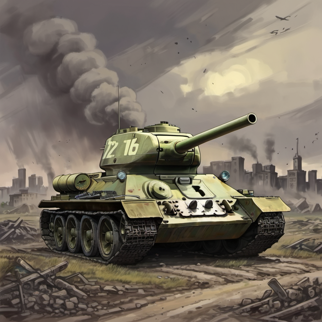 t_34 tank in field, cartoon, dark colors, fallen city on background  <lora:t_34_SDXL:0.8>