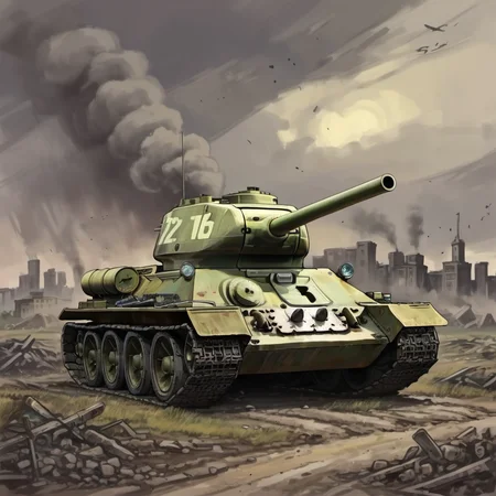 t_34 tank in field, cartoon, dark colors, fallen city on background  <lora:t_34_SDXL:0.8>