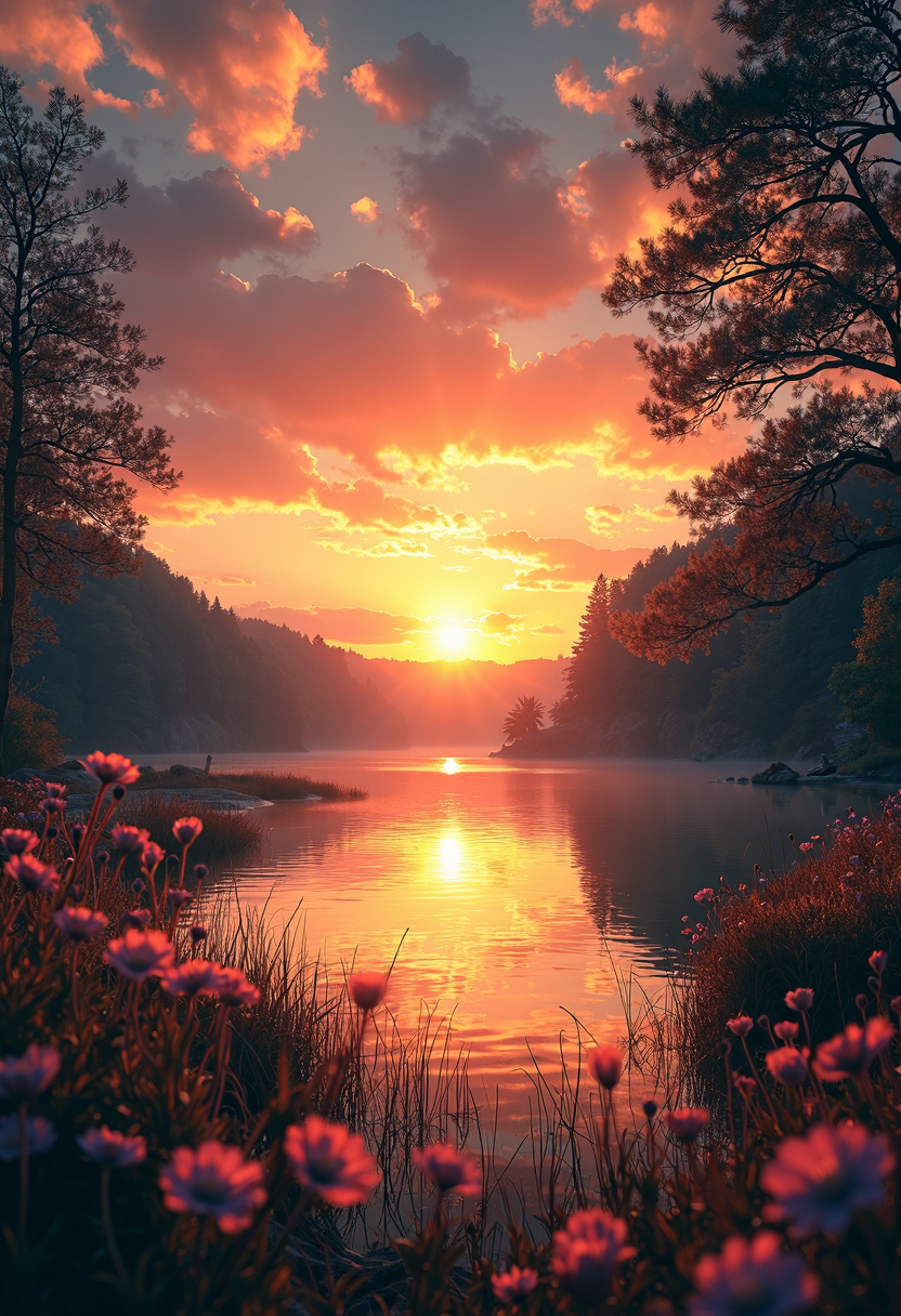  In the captivating image (img-0), a serene landscape unfolds before our eyes. The scene is bathed in the soft, golden glow of a sun setting on the horizon. The sky is awash with vibrant hues of orange and pink, as if painted by an unseen artist's hand.

The foreground is dominated by a tranquil lake, its surface gently rippling in response to the evening breeze. The water reflects the fiery colors above, creating an almost otherworldly scene. The sun casts long, elegant shadows across the landscape, adding depth and texture to the scene.

A feeling of peace and calm washes over us as we take in the breathtaking beauty of this moment. A sense of stillness permeates the air, broken only by the distant call of a solitary bird or the gentle lapping of the water against the shore. The light, both natural and reflected, illuminates every detail, from the delicate petals of the nearby wildflowers to the intricate textures of the tree bark in the background.

This image transports us to a place of quiet reflection, where we can momentarily escape the hustle and bustle of everyday life. It serves as a reminder that even amidst the chaos of the world, there is always beauty to be found if we take the time to look.

"the fool" in the style of TOK a trtcrd, tarot style