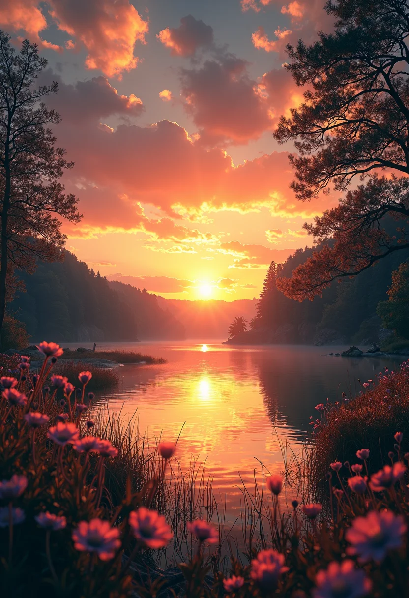  In the captivating image (img-0), a serene landscape unfolds before our eyes. The scene is bathed in the soft, golden glow of a sun setting on the horizon. The sky is awash with vibrant hues of orange and pink, as if painted by an unseen artist's hand.

The foreground is dominated by a tranquil lake, its surface gently rippling in response to the evening breeze. The water reflects the fiery colors above, creating an almost otherworldly scene. The sun casts long, elegant shadows across the landscape, adding depth and texture to the scene.

A feeling of peace and calm washes over us as we take in the breathtaking beauty of this moment. A sense of stillness permeates the air, broken only by the distant call of a solitary bird or the gentle lapping of the water against the shore. The light, both natural and reflected, illuminates every detail, from the delicate petals of the nearby wildflowers to the intricate textures of the tree bark in the background.

This image transports us to a place of quiet reflection, where we can momentarily escape the hustle and bustle of everyday life. It serves as a reminder that even amidst the chaos of the world, there is always beauty to be found if we take the time to look.

"the fool" in the style of TOK a trtcrd, tarot style