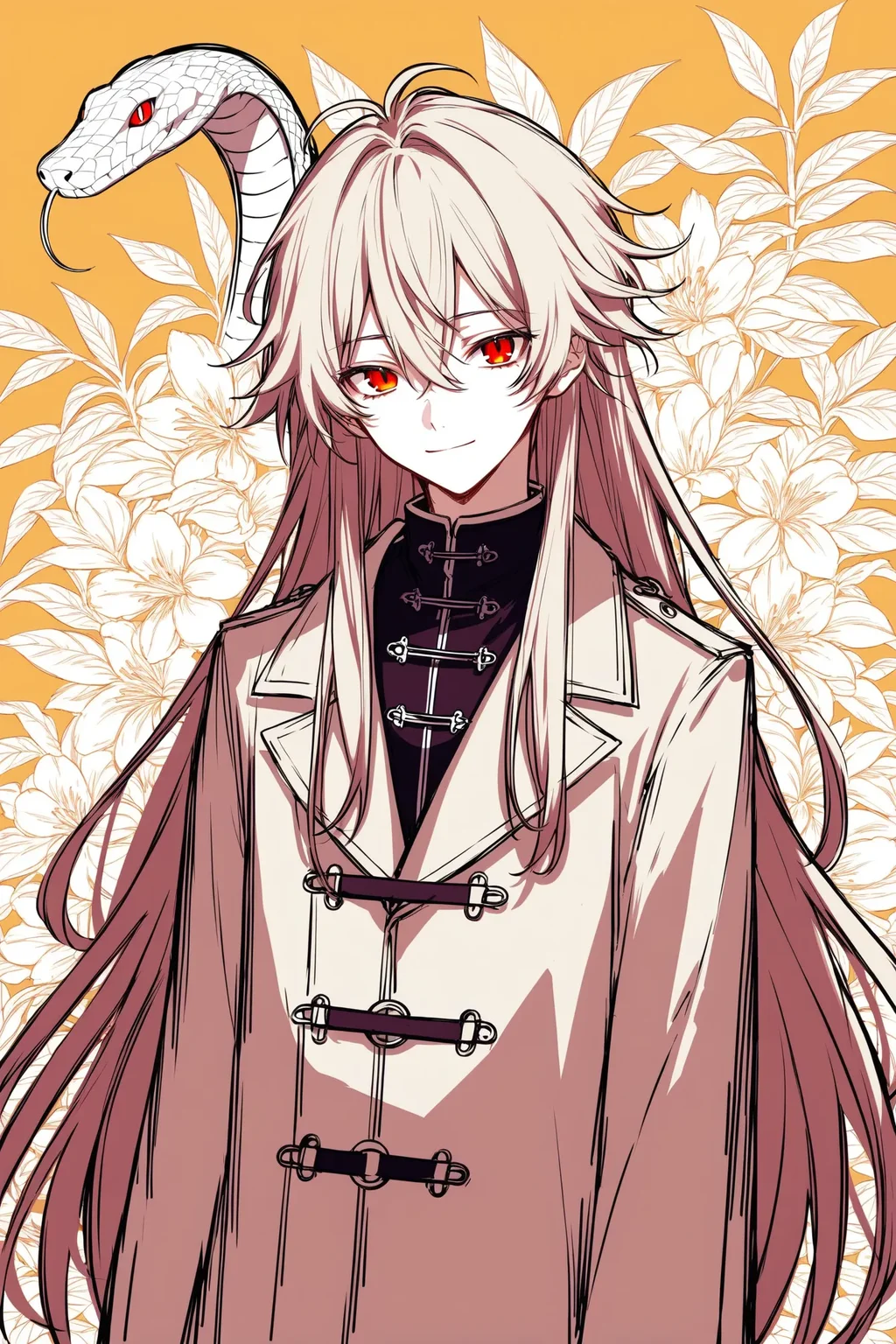 1boy, solo, androgynous, closed mouth, coat, expressionless, floral background, light smile, long hair, long sleeves, messy hair, red eyes, sketch, snake, toggles, very long hair, virtual youtuber, yellow eyes