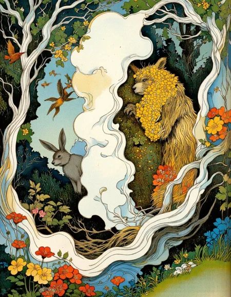 <lora:chzcat:1>, Picture a wacky woodland where trees sway to the rhythm of giggles, flowers bloom in every color imaginable, and thereâs always a pot of golden honey bubbling somewhere nearby. In this magical place, our sneaky rabbit hides behind a GIANT bush shaped like a fluffy cloud while plotting his next prank on the poor unsuspecting bear. Add details about how the wind carries whispers of 'fire!' through the air, making leaves rustle nervously, and birds chirp in confusion